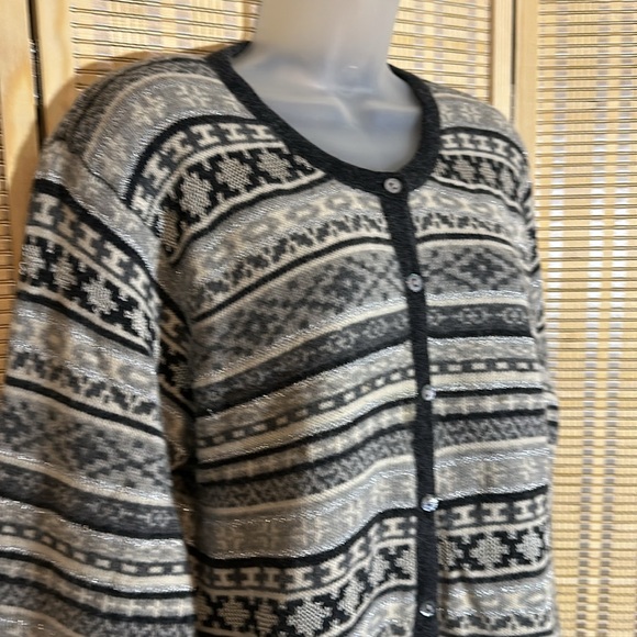 Appleseed's Gray White Metallic Silver Striped Knit Cardigan Sweater XL - Picture 2 of 16